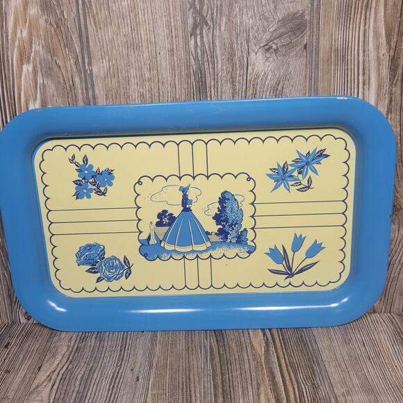 Vintage Lap Tray Metal Blue Cream, Southern Belle Colonial Girl, Country Kitchen - Picture 2 of 5